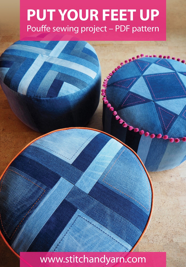 Put Your Feet Up pouffe pattern PDF download denim patchwork footstool pouf with top and trim options image 9