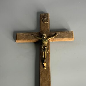 French vintage wooden crucifix Jesus on cross religious wall hanging decoration brass Jesus