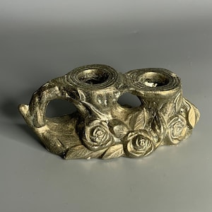 Japanese vintage pewter candlestick holder 2 candles flower design