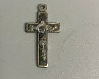 French vintage religious pendant necklace jewelry Lourdes souvenir alloy metal Christ on cross