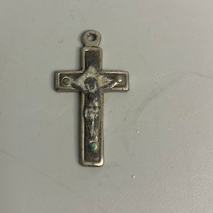 French vintage religious pendant necklace jewelry Lourdes souvenir alloy metal Christ on cross