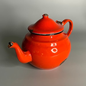 French vintage red enamel tea pot kitchenware