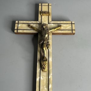 French vintage wooden crucifix religious wall hanging Jesus on cross souvenir