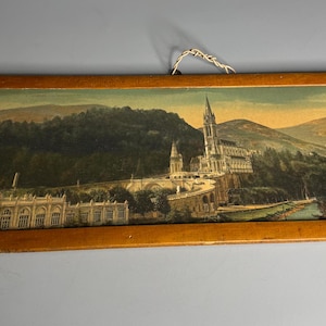 Lourdes antique vintage picture frame wall hanging Basilique et la Gave - Lourdes souvenir Basilica