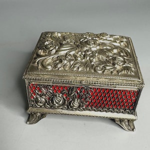 Japanese Vintage Metal Alloy and Red Velvet Jewelry Box Rose