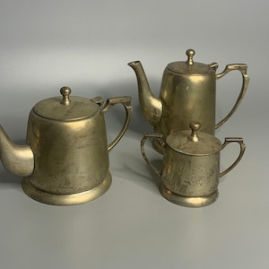 vintage heavy coffee pot or tea pot - creamer and sugar bowl metal alloy set of 3 items Art Deco style