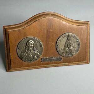 French vintage wooden frame religious desk decoration Notre Dame de Liesse Jesus heart Basilica