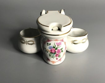 vintage porcelain mustard and salt and pepper set with spoon toilet design porcelain de Luxe France
