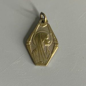 French vintage pendant religious jewelry Virgin Mary Lourdes souvenir medal