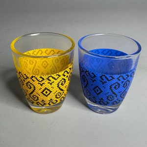 French vintage set of 2 shot glasses  y cordial or liquor glasses mi-century era yellow and blue barware