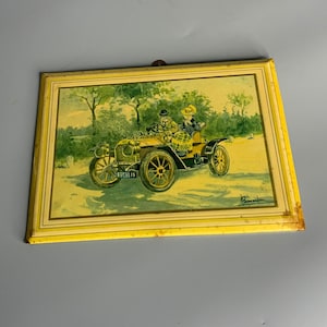 French vintage wall hanging small picture frame signed Bamerojen couple in old car