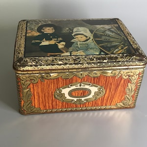 French vintage tin can box Toulouse France siblings photograph design metal box cookies container kitchen decoration
