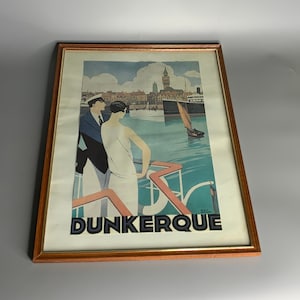 French vintage poster wood picture frame Dunkerque by Roger Broders can be hanged or set on piece of furniture