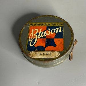 French vintage tin can knick knack box shoe polish Blason jaune metal boite a cirage