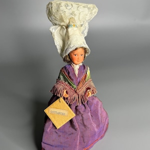 French vintage Coutances Janio small collectible doll girl in dress regional doll celluloid