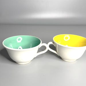 French Digoin Sarreguemines vintage porcelain ceramic coffee cup set of 2 green and yellow from 1950&#39;s era
