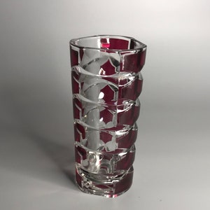 French vase vintage art deco heavy glass vase engraved made in France clear and Bordeaux color