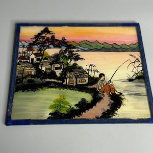 Chinese vintage mother of pearl and reverse painting on glass fishing design picture