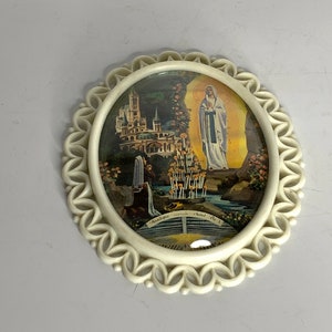 French religious Lourdes bombed oval frame catholic church deco bombed glass cover st Bernadette Virgin Mary The Cave wall hanging picture