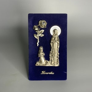 Französischer Vintager religiöser Samt und Silberdekoration Lourdes-Souvenir