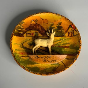 Belgium vintage wooden wall hanging decoration deer design Brugge souvenir Bruges
