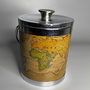 Balde de gelo vintage francês com design de mapa-múndi da década de 1960-1970