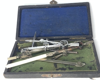 BOITE COMPAS ANCIENNE BREVETE SGDG 15 ELEMENTS en TOUT CARTOUCHE