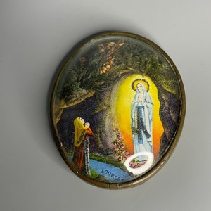 French vintage Lourdes bombed glass religious decoration Virgin Mary and St Bernadette the Cave