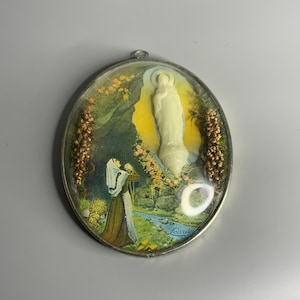 Französisch Vintage Wandbehang Glas Lourdes religiöses Souvenir Jungfrau Maria bombardiert