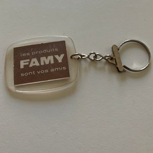 French vintage key chain holder advertising Famy creme dessert porte clef