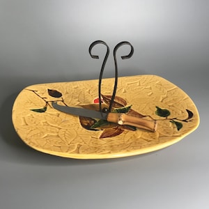French vintage pottery ceramic cheese tray with inox knife Vallauris style Poet Laval France