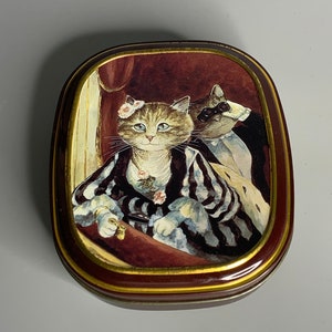 Inglaterra vintage lata knick knack box diseño de gato publicidad Bentleys bombones de frutas la galería del gato
