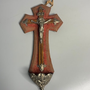 French Antique crucifix religious wall hanging decoration holy water bowl Jesus on cross catholic