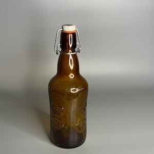 French vintage empty collectible glass Biere D&#39;Alsace Fisher porcelain lid