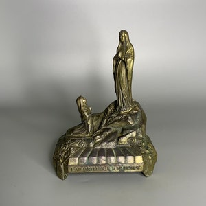 Religious French vintage metal alloy Virgin Mary religious decoration Lourdes souvenir St Bernadette the Cave
