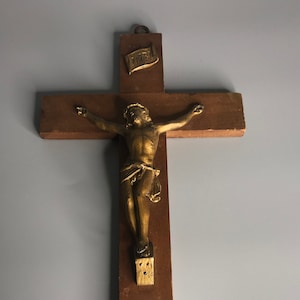 French vintage crucifix religious deco church deco wood and brass color metal