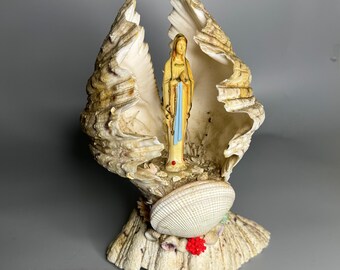 French vintage Lourdes religious Virgin Mary seashell decoration Shell scenery