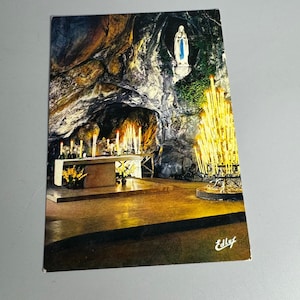 Lourdes francês vintage usado cartão postal religioso Virgem Maria La caverna a caverna orações de st Bernadette