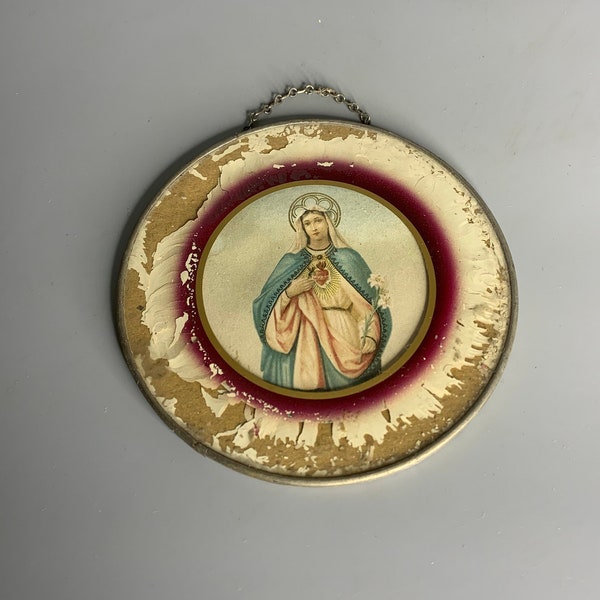 French vintage religious Sacreated Heart glass and metal frame round shape