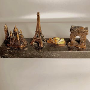 Décoration souvenir de bureau en marbre laiton/cuivre de Paris antique Le Sacré Coeur - Arc de Triomphe - Porte-cartes Tour Eiffel monuments de Paris