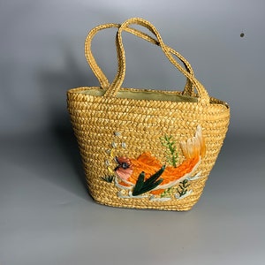 French child hand carrying basket handbag vintage wicker weaver basket fish design purse