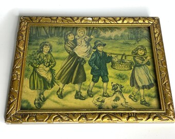 French vintage picture print  framed children country roads home decor wall hanging