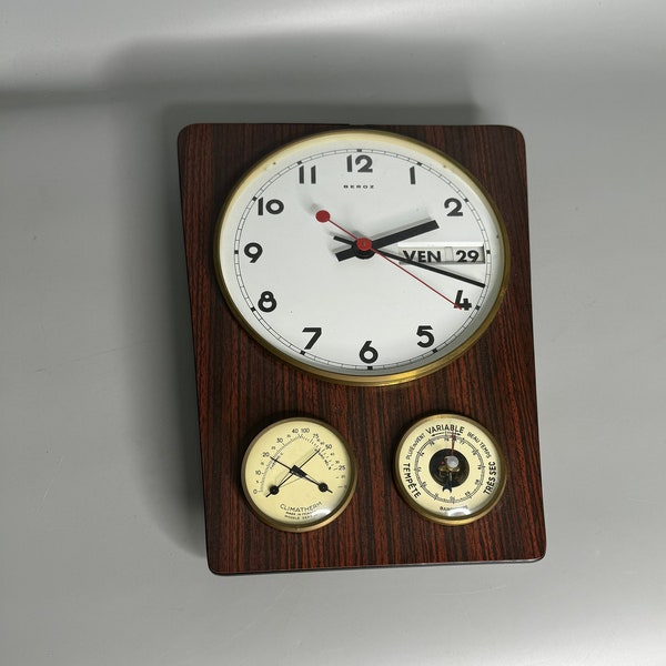 French vintage Formica wall clock 1960's barometer weather instrument Brand  Beroz clock retro mi-century