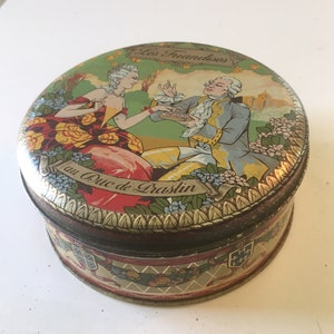 french vintage tin can candy metal box home decor collector box Pralines Mazet Victorian scenery