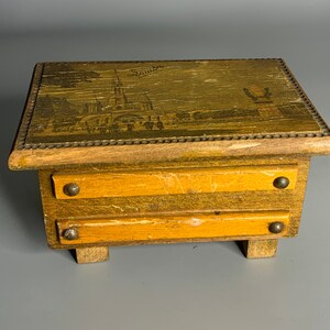 French vintage Lourdes wood jewelry box religious souvenir