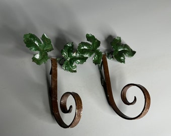 vintage set of 2 clothes hanger wall hanging cast iron from France winery design green leaves