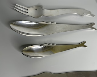 French Vintage Silverware 4 pieces set with original case Nautical Fish Design, Jean-Marie Patois, black vinyl Case