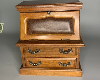 French vintage wood jewelry box Secretary style desk 2 drawers pewter metal handles