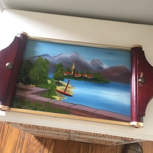 french antique tray Art deco decorative  serving tray reverse painting lac scenery lake Annecy