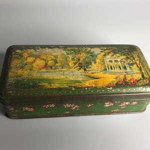 French antique tin can knick knack box Caiffa coffee brand old metal box container